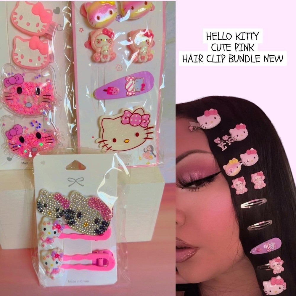 Y2K COQUETTE BABY PINK HELLO KITTY‎ HAIR CLIPS BUNDLE NEW